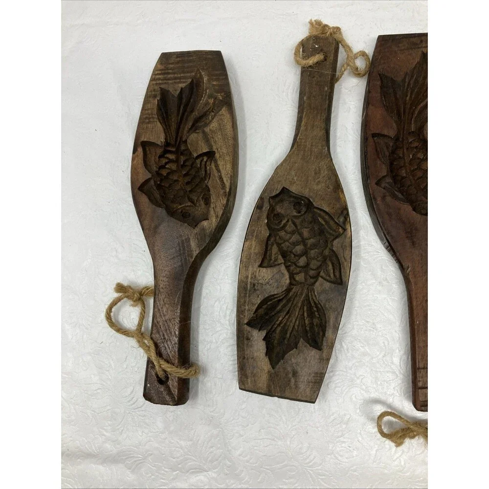 4 VTG Carved Wood Folk Art FISH Cookie Speculaas Springerle Butter Mold DECOR